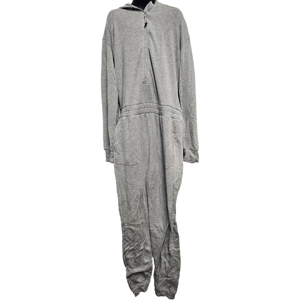 Athleta Girl gray one piece hooded jumpsuit 14 zipper thumb holes pockets